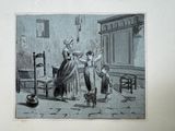a drawing of a woman and two children in a living room