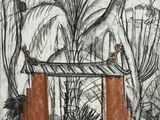 une image représentant un dessin d'un jardin avec des plantes et un portail