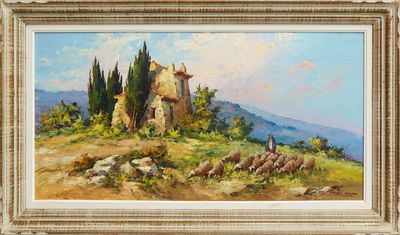 une peinture à l'huile représentant un paysage avec une église et des moutons