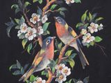 painting of two birds sitting on a branch of a tree with white flowers
