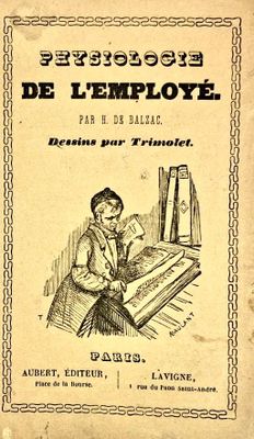 un vieux livre sur lequel figure le dessin d'un homme assis à un bureau
