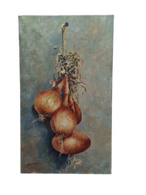 an oil painting of onions hanging from a string on a blue background