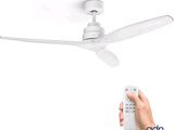 someone is holding a remote control in front of a white ceiling fan