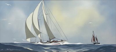 tableau représentant deux voiliers en mer, avec des oiseaux volant au-dessus d'eux