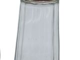 a glass salt and pepper shaker with a silver lid