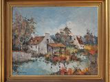 une image d'un tableau représentant une maison au bord d'une rivière