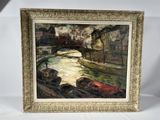 une image d'une peinture représentant un pont sur une rivière