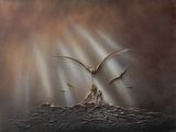 an image of a painting of a bird flying over a body of water
