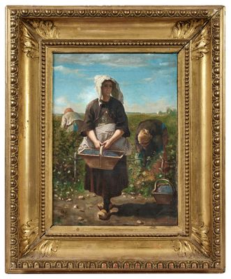 un tableau représentant une femme tenant un panier dans un champ