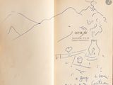 an open book with a drawing of a woman on it