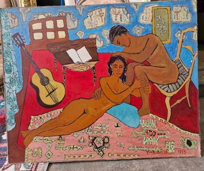 un tableau représentant un homme et une femme dans un salon