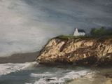 an oil painting of a white house on a cliff by the ocean