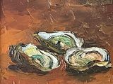 a painting of three oysters on a brown surface