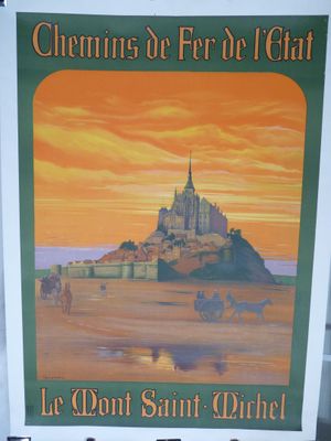 peinture représentant une affiche d'un château au milieu d'un lac