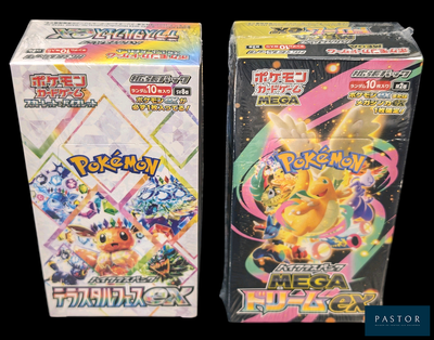 two boxes of pokemon trading cards sitting side by side on a black background