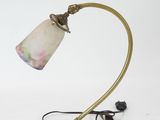 an antique brass table lamp with a glass shade on a white background