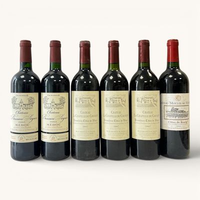 six bouteilles de vin sont alignées sur une surface blanche