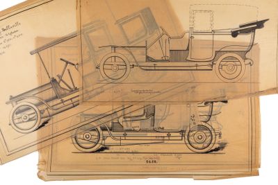 two drawings of an old car and a drawing of an old car