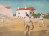 tableau représentant un groupe d'hommes jouant au baseball