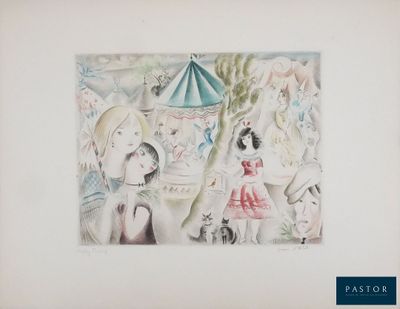 dessin représentant un tableau où l'on voit une femme et un enfant dans un parc