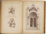 two pages of a book with drawings of people in front of a building
