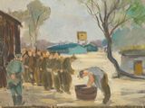 tableau représentant un groupe d'hommes rassemblés autour d'un homme assis dans un seau