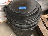a black trash can with a blue sticker on it