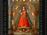 an image of a painting of a woman in a red dress