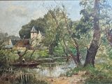 a painting of a boat on the water near a house