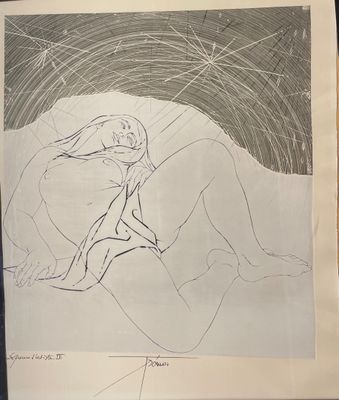 a drawing of a man and a woman laying on a bed