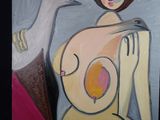 tableau représentant une femme avec un oiseau sur l'épaule et une colombe sur l'épaule