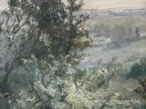 an oil painting of a landscape with trees and bushes in the foreground