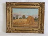 an oil painting of a field with a few trees in the background