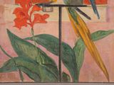 a painting of a parrot sitting on a perch next to a flower