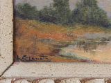 an oil painting of a landscape with trees and a river