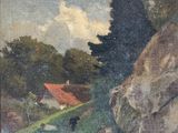 an image of a painting of a house and a cow in a field