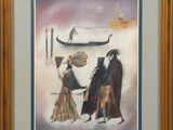 tableau représentant trois personnes debout devant un bateau sur l'eau