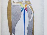 painting of a woman in a long white dress holding a yellow and blue ribbon