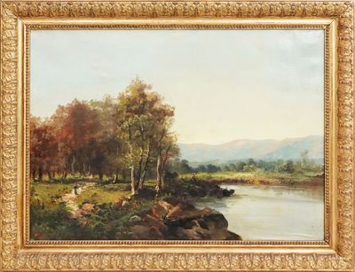 une peinture à l'huile représentant une scène fluviale avec du bétail paissant sur la rive