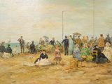 a painting of a group of people on the beach