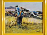 a painting of a man with a shovel in a field