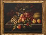 tableau représentant une nature morte composée de fruits posés sur une table, avec un oiseau