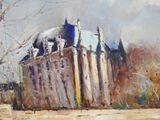 an oil painting of a building with a snow covered roof