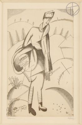 drawing of a man with a hat and a bag on his back