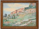 an image of a painting of a hill with a house on it