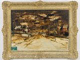 an oil painting of a snowy road with houses in the background