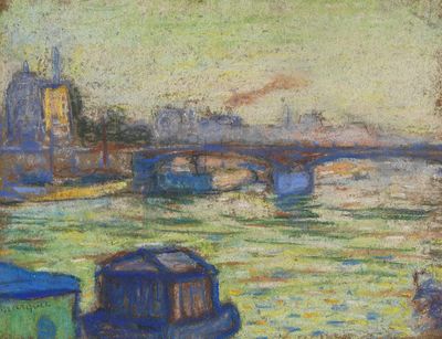 a painting of a boat on the water near a bridge