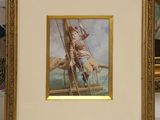 painting of a man on a boat in a gold frame on a table