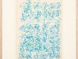 une image représentant un dessin bleu et blanc sur papier, dans un cadre en bois