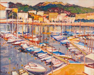 tableau représentant des bateaux amarrés dans un port, avec une montagne en arrière-plan